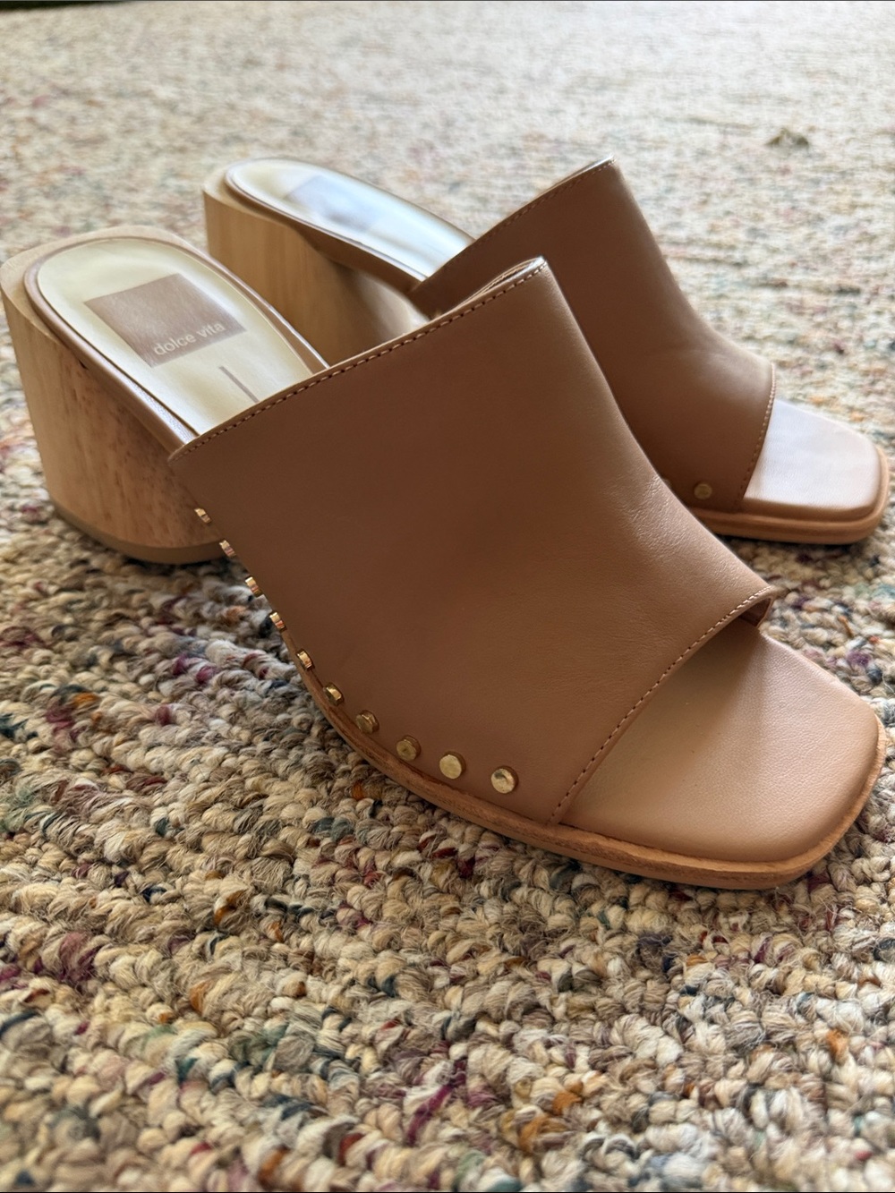 Dolce Vita Cognac Leather Studded Block Heel Mules